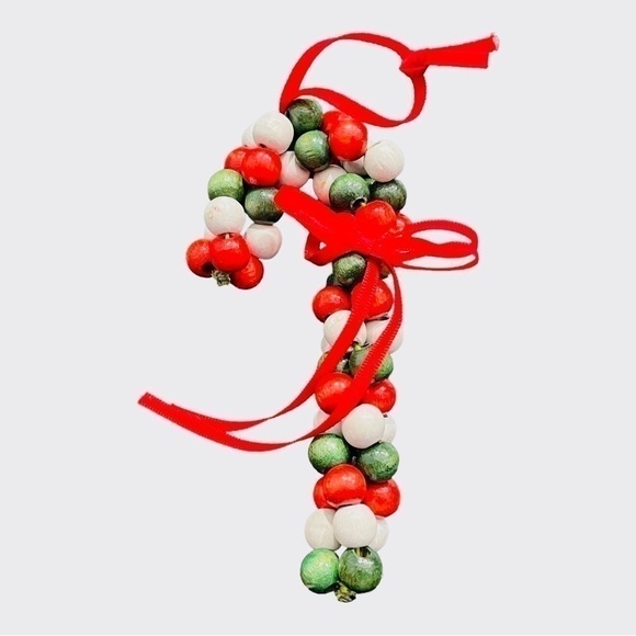 Vintage Set of 2 Wood Beaded Wreath & Candy Cane Christmas Ornaments Xmas Decor - Picture 3 of 4